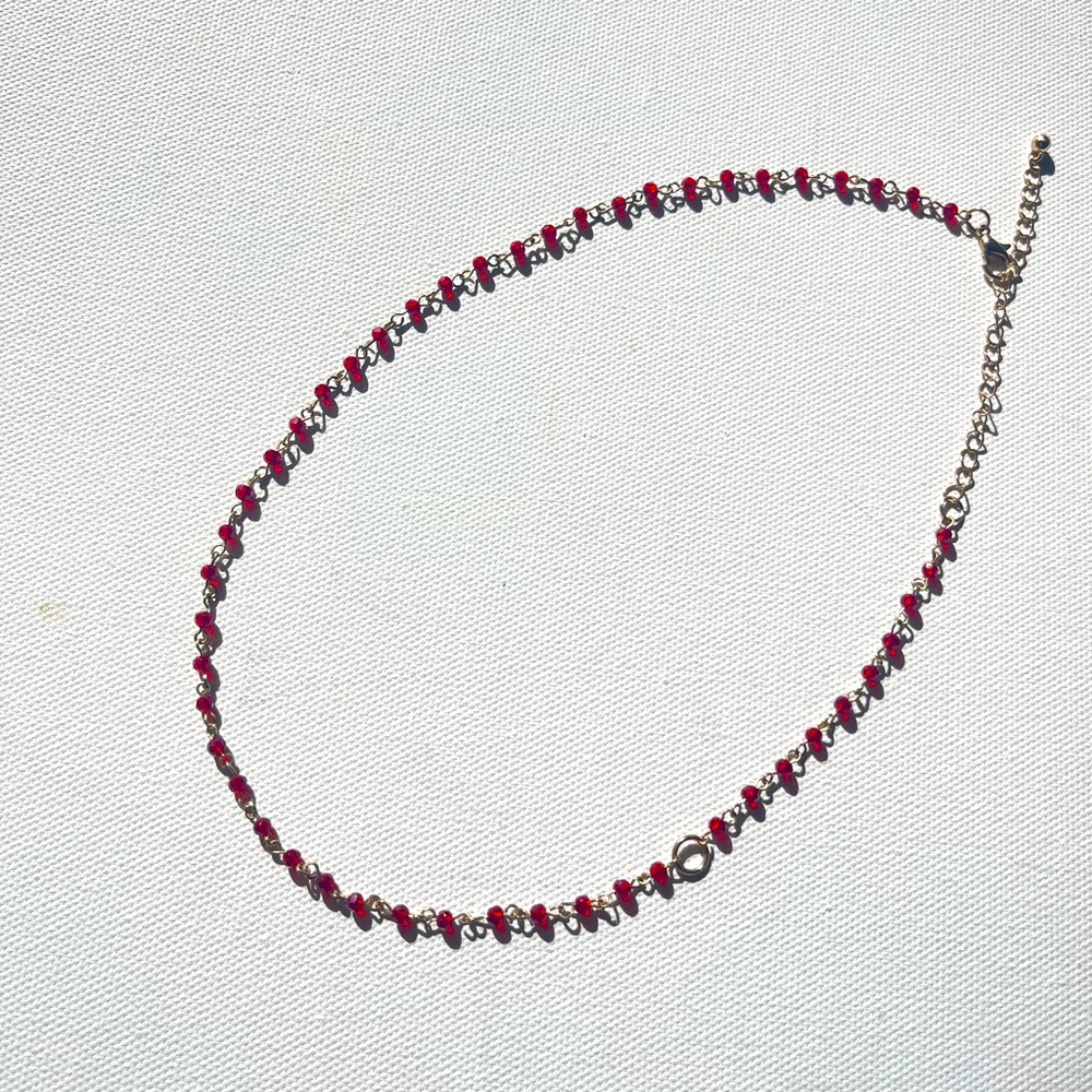 Free People Gold Beaded Ruby Red Choker Chain Necklace